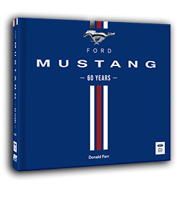 Front cover of Art of the Mustang book with shiny black Ford Mustang top view